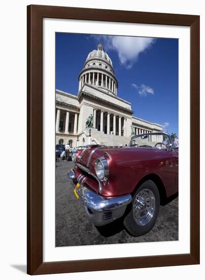 Red Vintage American Car Parked Opposite the Capitolio-Lee Frost-Framed Photographic Print