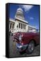 Red Vintage American Car Parked Opposite the Capitolio-Lee Frost-Framed Stretched Canvas
