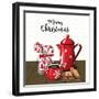 Red Vintage Coffee Pot with Cup. Glass Jar with Candy Canes and Cookies on Brown Wood, with Text Me-Anikakodydkova-Framed Art Print