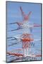 Red white power pole, high-voltage pole, with transmission lines, Bremen, Germany-Torsten Krüger-Mounted Photographic Print