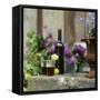 Red Wine Glasses & Red Wine Bottle on Stone Trough with Flowers-Christine Gill?-Framed Stretched Canvas