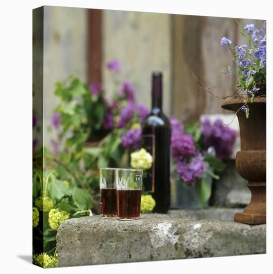 Red Wine Glasses & Red Wine Bottle on Stone Trough with Flowers-Christine Gill?-Stretched Canvas