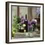 Red Wine Glasses & Red Wine Bottle on Stone Trough with Flowers-Christine Gill?-Framed Photographic Print