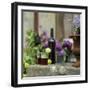 Red Wine Glasses & Red Wine Bottle on Stone Trough with Flowers-Christine Gill?-Framed Photographic Print