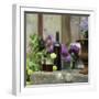 Red Wine Glasses & Red Wine Bottle on Stone Trough with Flowers-Christine Gill?-Framed Photographic Print