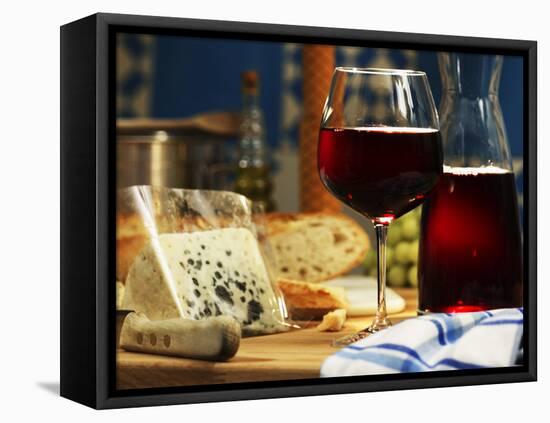 Red Wine in Glass and Carafe and a Piece of Gorgonzola-Michael Meisen-Framed Stretched Canvas