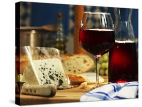 Red Wine in Glass and Carafe and a Piece of Gorgonzola-Michael Meisen-Stretched Canvas