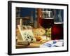 Red Wine in Glass and Carafe and a Piece of Gorgonzola-Michael Meisen-Framed Photographic Print