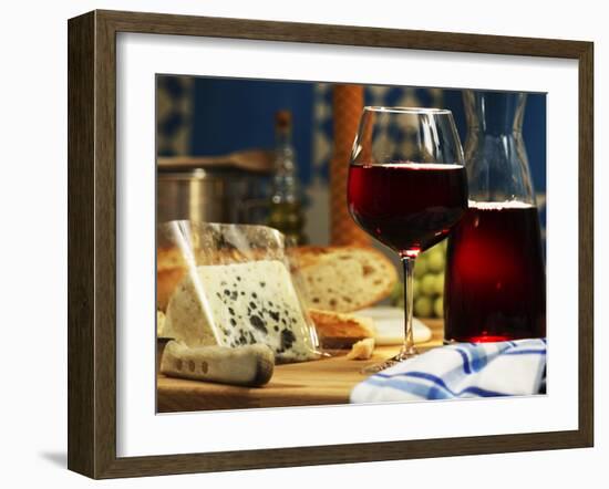 Red Wine in Glass and Carafe and a Piece of Gorgonzola-Michael Meisen-Framed Photographic Print