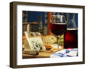 Red Wine in Glass and Carafe and a Piece of Gorgonzola-Michael Meisen-Framed Photographic Print