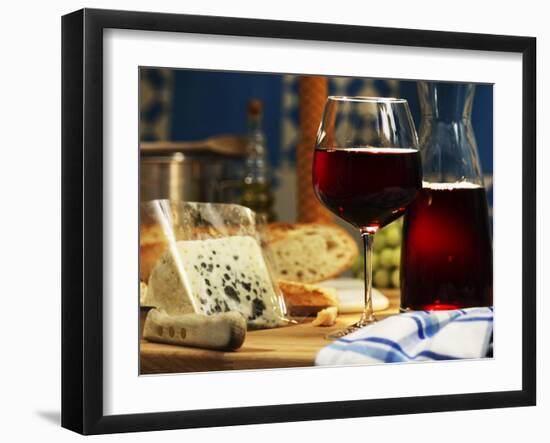 Red Wine in Glass and Carafe and a Piece of Gorgonzola-Michael Meisen-Framed Photographic Print