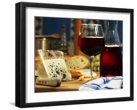 Red Wine in Glass and Carafe and a Piece of Gorgonzola-Michael Meisen-Framed Photographic Print