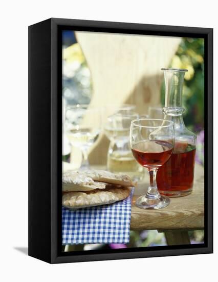 Red Wine in Glass and Carafe, Schüttelbrot Beside (S. Tyrol)-Eising Studio - Food Photo and Video-Framed Stretched Canvas