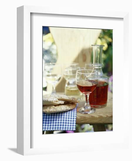 Red Wine in Glass and Carafe, Schüttelbrot Beside (S. Tyrol)-Eising Studio - Food Photo and Video-Framed Photographic Print