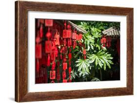 Red Wooden Buddhist Good Luck Charms and Tropical Vegetation, Hangzhou, Zhejiang, China-Andreas Brandl-Framed Photographic Print