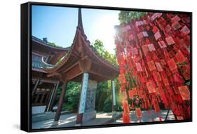 Red Wooden Traditional Chinese Good Luck Charms and Pagoda in Background, Hangzhou, Zhejiang, China-Andreas Brandl-Framed Stretched Canvas