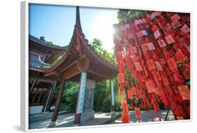 Red Wooden Traditional Chinese Good Luck Charms and Pagoda in Background, Hangzhou, Zhejiang, China-Andreas Brandl-Framed Photographic Print