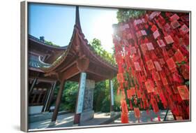 Red Wooden Traditional Chinese Good Luck Charms and Pagoda in Background, Hangzhou, Zhejiang, China-Andreas Brandl-Framed Photographic Print