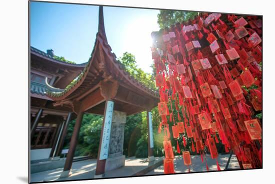 Red Wooden Traditional Chinese Good Luck Charms and Pagoda in Background, Hangzhou, Zhejiang, China-Andreas Brandl-Mounted Photographic Print