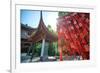 Red Wooden Traditional Chinese Good Luck Charms and Pagoda in Background, Hangzhou, Zhejiang, China-Andreas Brandl-Framed Photographic Print