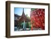 Red Wooden Traditional Chinese Good Luck Charms and Pagoda in Background, Hangzhou, Zhejiang, China-Andreas Brandl-Framed Photographic Print