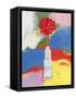 Red Zinnia in Square Bottle-Peggy Brown-Framed Stretched Canvas