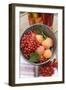 Redcurrants and Apricots in Pan in Front of Bottles of Juice-Eising Studio - Food Photo and Video-Framed Photographic Print