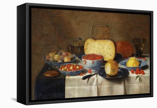 Redcurrants, Wild Strawberries and Plums in Wanli Kraak Porselein Bowls, a Bread Roll on a Pewter…-Floris van Schooten-Framed Stretched Canvas