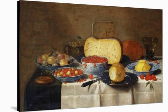 Redcurrants, Wild Strawberries and Plums in Wanli Kraak Porselein Bowls, a Bread Roll on a Pewter…-Floris van Schooten-Stretched Canvas