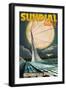 Redding, California - Sundial Bridge and Moon-Lantern Press-Framed Art Print