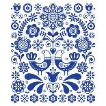 Scandinavian Cute Folk Art Vector Decoration with Birds and Flowers, Scandinavian Navy Blue Floral-RedKoala-Art Print
