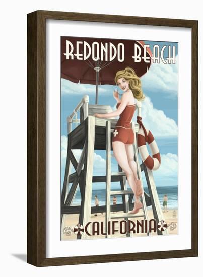 Redondo Beach, California - Lifeguard Pinup-Lantern Press-Framed Art Print