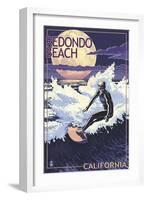 Redondo Beach, California - Night Surfer-Lantern Press-Framed Art Print