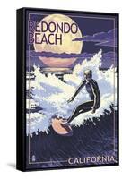 Redondo Beach, California - Night Surfer-Lantern Press-Framed Stretched Canvas