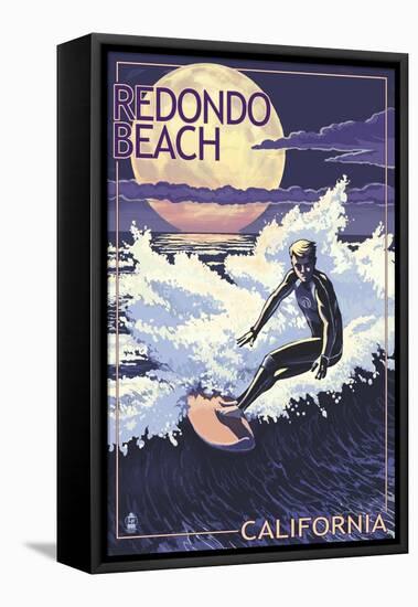 Redondo Beach, California - Night Surfer-Lantern Press-Framed Stretched Canvas