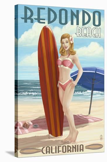 Redondo Beach, California - Pinup Surfer Girl-Lantern Press-Stretched Canvas