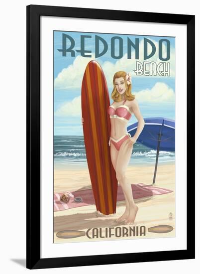 Redondo Beach, California - Pinup Surfer Girl-Lantern Press-Framed Art Print