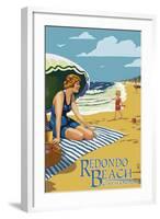 Redondo Beach, California - Woman on the Beach-Lantern Press-Framed Art Print