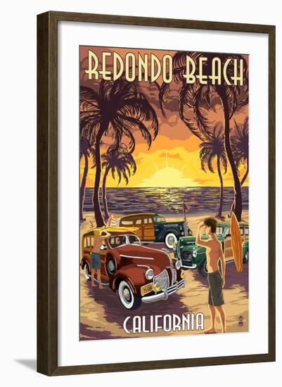 Redondo Beach, California - Woodies and Sunset-Lantern Press-Framed Art Print