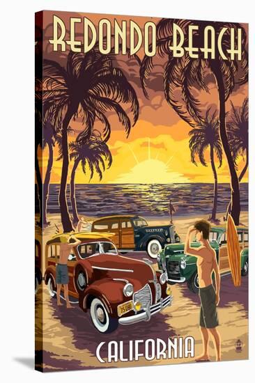 Redondo Beach, California - Woodies and Sunset-Lantern Press-Stretched Canvas