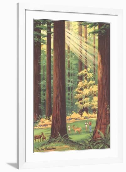 Redwoods Scene with People and Deer-null-Framed Art Print