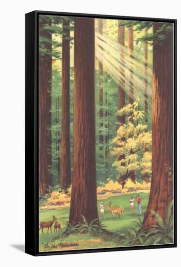 Redwoods Scene with People and Deer-null-Framed Stretched Canvas