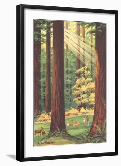 Redwoods Scene with People and Deer-null-Framed Art Print