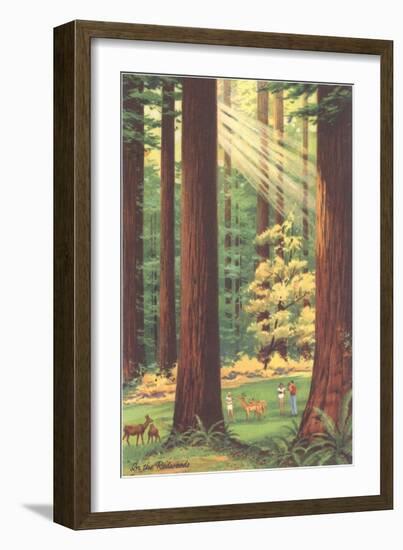 Redwoods Scene with People and Deer-null-Framed Art Print