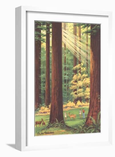 Redwoods Scene with People and Deer-null-Framed Art Print
