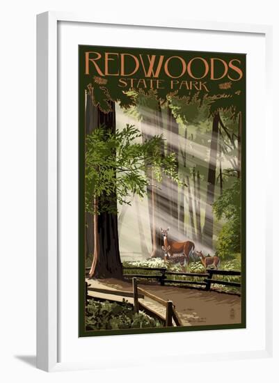 Redwoods State Park - Deer and Fawns-Lantern Press-Framed Art Print