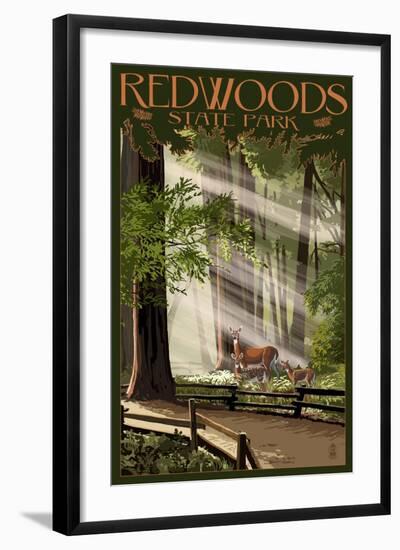 Redwoods State Park - Deer and Fawns-Lantern Press-Framed Art Print