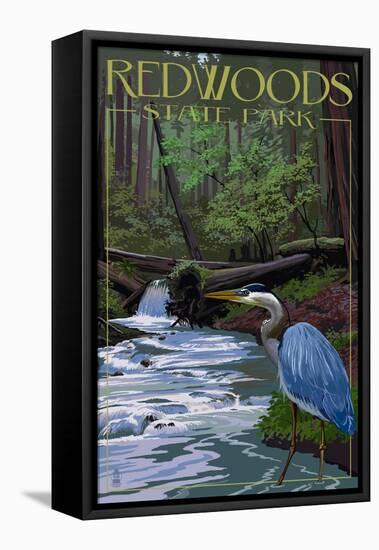 Redwoods State Park - Heron and Waterfall-Lantern Press-Framed Stretched Canvas