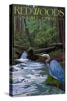 Redwoods State Park - Heron and Waterfall-Lantern Press-Stretched Canvas