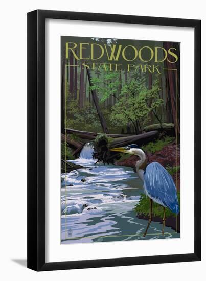 Redwoods State Park - Heron and Waterfall-Lantern Press-Framed Art Print